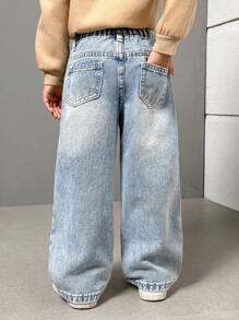 Young Girl Simple Button Front Pocket Casual Denim Jeans, School, Campus, College - Light Wash - View 12