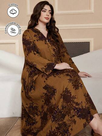 Al Najma 加大码女式植物印花 V 领长袖连衣裙，阿拉伯时尚，端庄，休闲风格，适合日常休闲/旅行/度假/休假/家居服，超长加大码阿拉伯服饰，长袍