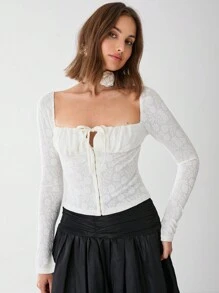 Enchnt Autumn Romantic Women's White Sexy Sweetheart Floral Jacquard Front Tie Long Sleeve Fitted Elegant Blouse - Apricot - View 4