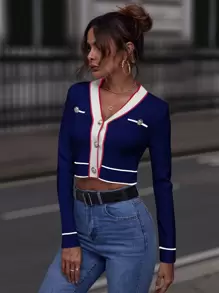 SHEIN Clasi Striped Trim Button Front Crop Cardigan - Royal Blue - View 3