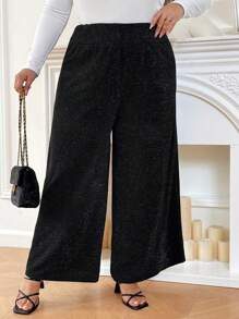 SHEIN CURVE+ Pantalones de fiesta elegantes con aplicaciones de lentejuelas para mujeres de tallas grandes - Negro - Ver 5