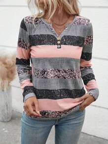 EMERY ROSE Women's Casual V-Neck Long Sleeve Striped Button T-Shirt With Random Print, Autumn Graphic Tees Women Tops For Spring Fall For Women - Multicolor - View 8