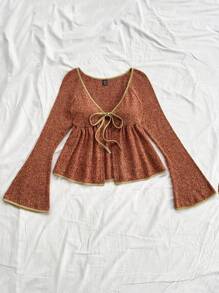 Soleia WYWH 女士度假 V 领喇叭袖罩衫，拼色 V 领前系带蝴蝶结衬衫 - 彩色 - 查看 5