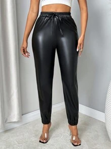 VaVaBold 女式新款 PU 皮革哈伦裤，松紧腰，宽松性感设计，秋冬款 - 黑色 - 查看 1