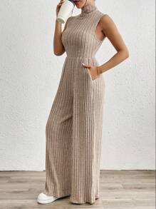 Rafferiza Women's Thick Turtleneck Sleeveless Fluffy Wide Leg Jumpsuit, For Autumn And Winter - Khaki - View 6