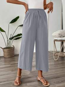 SHEIN LUNE Women's Casual Linen 7/8 Pants Suitable For School/Work, Autumn - Grey - View 4
