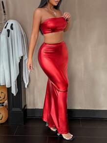 Zolique Halloween Women's Strapless Top Long Fishtail Skirt Red Party Two-Piece Set - Red - View 3