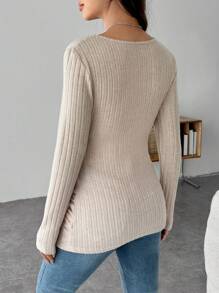 SHEIN Maternity Solid V-Neck Long Sleeve Ribbed Casual T-Shirt - Apricot - View 2