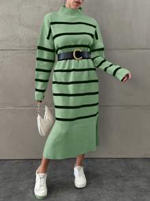 EURMUSE Abito maglia a collo alto con spacchi laterali, a righe colorate, casual, autunno per donne - Menta Verde - Visualizzare 4