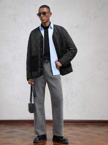 AKNOTIC Business Casual Men's Loose V-Neck Cardigan, Oversized, Warm , Letter & Grid Pattern, Thick, Suitable For Fall And Winter, Casual Commuting