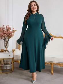 Modelyn Vestido largo elegante de talla grande para mujer con mangas acampanadas decoradas con perlas falsas de malla, vestidos línea A elegantes para fiesta de noche/invitado de boda/vestidos largos de noche para aniversario - Verde Oscuro - Ver 1