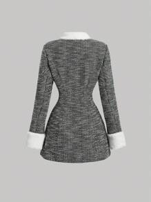 SHEIN MOD Women's Lapel Long Sleeve Fluffy Collar Splice Faux Pearl Button Party Date Fitted Blazer,Business Casual,Goth,Korean Fashion,Office Wear,Corpse Bride,Dinner,Birthday,Old Money - Black - View 2