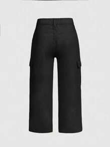 SHEIN 年轻女孩新款时尚紫色 Y2K 工装口袋牛仔裤 - 黑色 - 查看 2