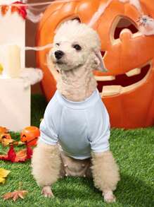 Dudeline Artist Cute Kawaii Pumpkin & Ghost Print White Pet T-Shirt For Halloween, Holiday
