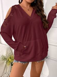 SHEIN LUNE Plus Size Solid Color V-Neck Long Sleeve Pocket Casual Sweatshirt Pullover Fall - Burgundy - View 3