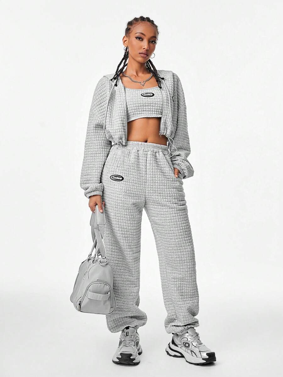 Muchica 3pcs Women's Fall And Winter Y2K Homecoming Hip-Hop Rapper Athleisure Streetwear Casual Back To School Athleisure Sportswear Waffle Knit Textured Keep Warm Stretchy Thermal Grey Cropped Tank Top&Sweatshirt&Sweatpant Hoodies Set For Holiday And New Year Eve
