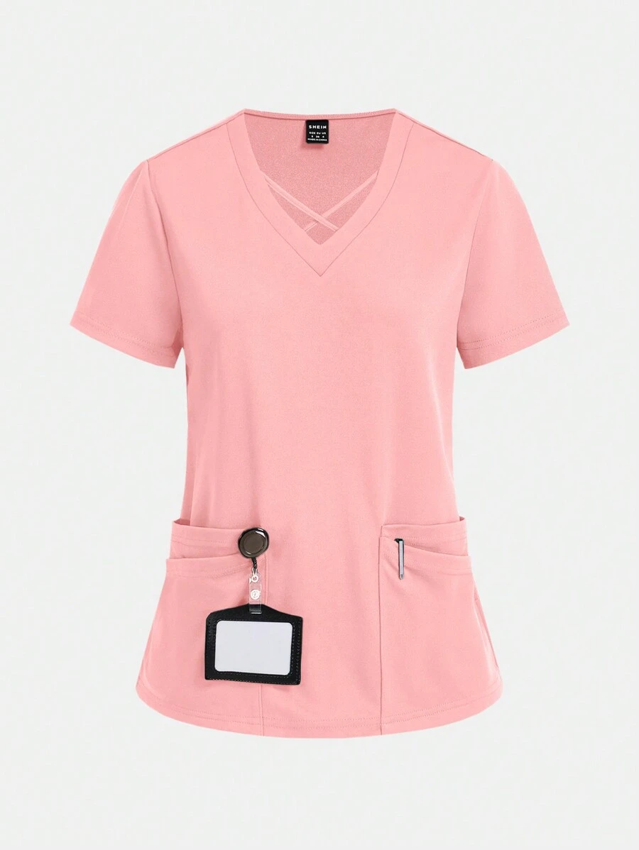 TaskEZ Women Scrub Uniforms Top 4-Pocket Crisscross Scrub Uniform Top