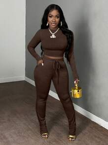 Slaydiva 2pcs Women Casual Basic Long Sleeve Crew Neck Crop Top And Drawstring Waist Skinny Sweatpants Set, Fall & Winter - Brown - View 6