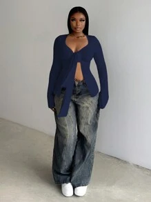 Slaydiva 女士甜心领长袖纯色休闲 T 恤 - 藍色 - 查看 4