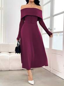 Modelyn Đầm dài trễ vai màu trơn thanh lịch cho nữ, Đầm dạ hội dài mùa thu - Màu đỏ tím - Xem 3