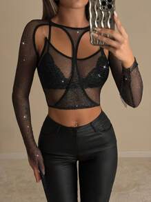 SHEIN ICON Shiny Mesh Structure See-Through Top For Women - Black - View 4
