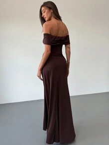 Aloruh Y2K Stylish Off Shoulder High Slit Fishtail Hem Maxi Brown Dress For Women - Brown - View 5