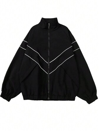 Manfinity Plus Size Men's Long Sleeve Contrast Color Patchwork Front Zipper Casual Jacket, For Fall