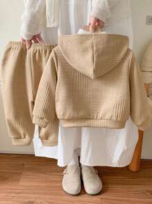 SHEIN 2pcs Baby Boy & Girl Casual Hooded Sweatshirt & Elastic Waist Pants Set, Khaki Textured Fabric, Suitable For Autumn & Winter - Multicolor - View 2