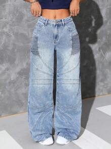 INAWLY Women Pocketed Wide Leg Loose Casual Versatile Denim Jeans - Dark Wash - View 1