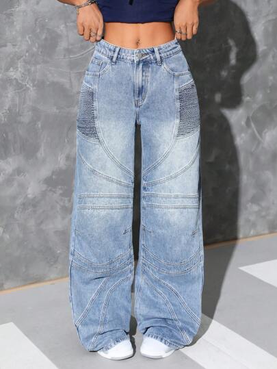 SHEIN ICON Jeans de mezclilla holgados de pierna ancha con bolsillos, versátiles y casuales para mujer