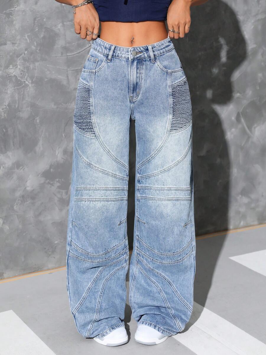 INAWLY Women Pocketed Wide Leg Loose Casual Versatile Denim Jeans - Dark Wash - View 1
