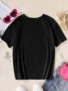 青少年女孩休闲领结印花 T 恤，夏季 - 黑色 - 查看 2