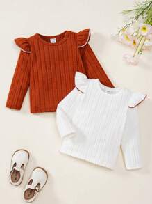 2pcs Infant Girls Ruffled Trim Long Sleeve Top And Comfortable Solid Bottoms Set, Autumn-Winter - Multicolor - View 1