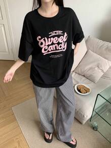 DAZY 2 件套圆领字母印花短袖上衣和休闲裤睡衣 - 黑色 - 查看 3