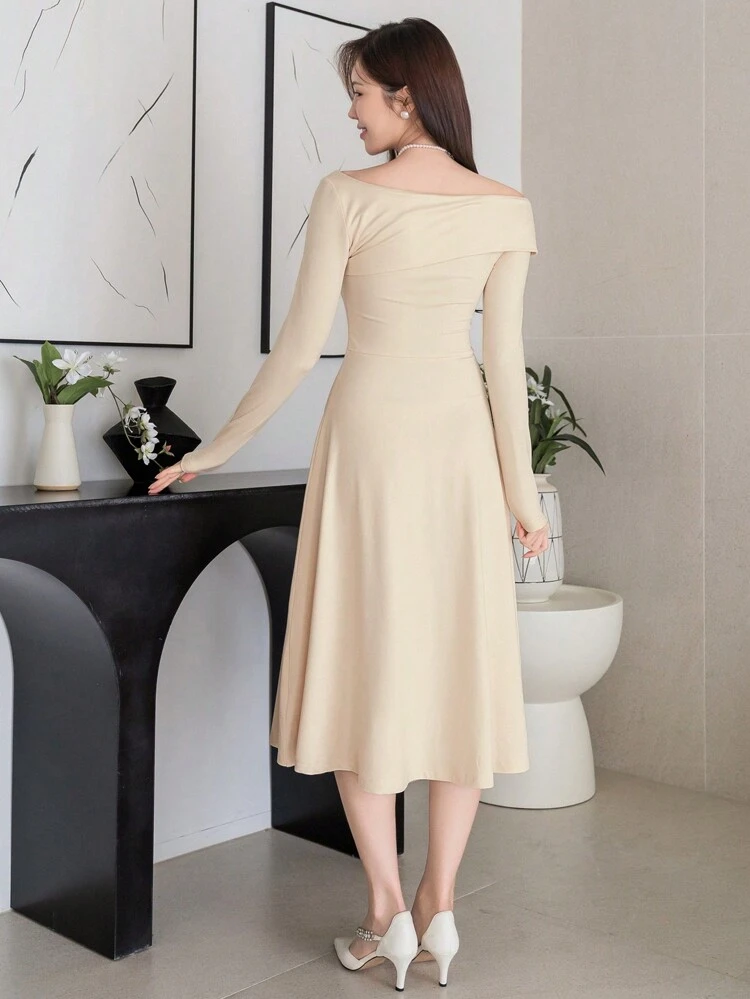 Women's Solid Color Off-Shoulder Long Sleeve Dress,Fall Clothes