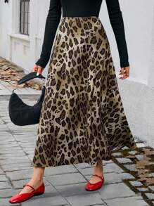 SHEIN Unity Falda midi elegante y con estilo con estampado de leopardo, cintura alta suelta y cremallera para mujer de moda - Multicolor - Ver 1
