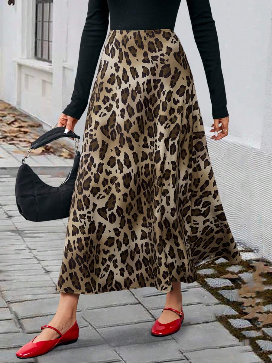 SHEIN Unity Falda midi elegante y con estilo con estampado de leopardo, cintura alta suelta y cremallera para mujer de moda - Multicolor - Ver 1