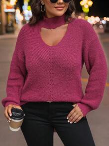 SHEIN Clasi Plus Size Keyhole Neck Solid Color Long Sleeve Sweater Knit Pullover Fall Winter - Burgundy - View 3