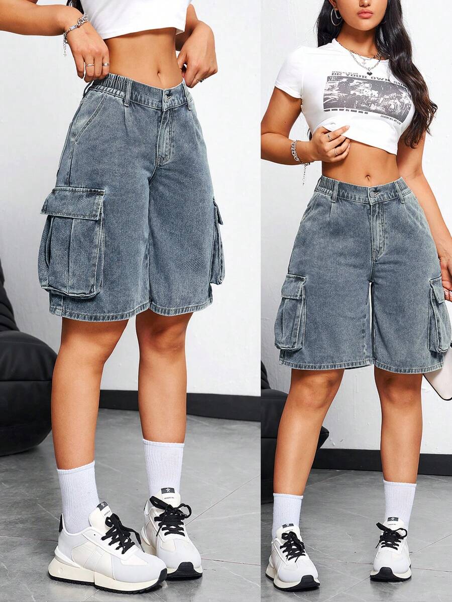 SHEIN EZwear 夏季休闲牛仔工装短裤 - 深色水洗藍 - 查看 1