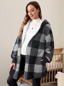 SHEIN Maternity Buffalo Plaid Pattern Drop Shoulder Hooded Teddy, Hooded Teddy Coat, For Winter - Black and White - View 6