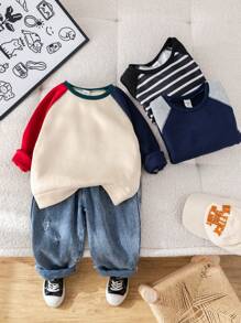 SHEIN Leap Crew 3pcs Young Boy Casual Sports Sets,Patchwork Contrast Color Raglan Sleeve Sweatshirt,Autumn,School,Back-To-School,Comfortable Wide Collar Daily Wear - Multicolor - View 3