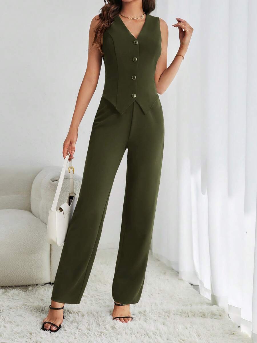 SHEIN Tall Ensemble de débardeur et pantalon en couleur unie décontracté pour femmes en automne/hiver - Militaire verte - Voir 1