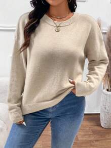 SHEIN Frenchy Plus Size Round Neck Lace-Up Back Long Sleeve Casual Plain Pullover Sweater - Khaki - View 4