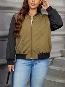 SHEIN Essnce Plus Size Women Color Block Loose Casual Fashion Green Jacket