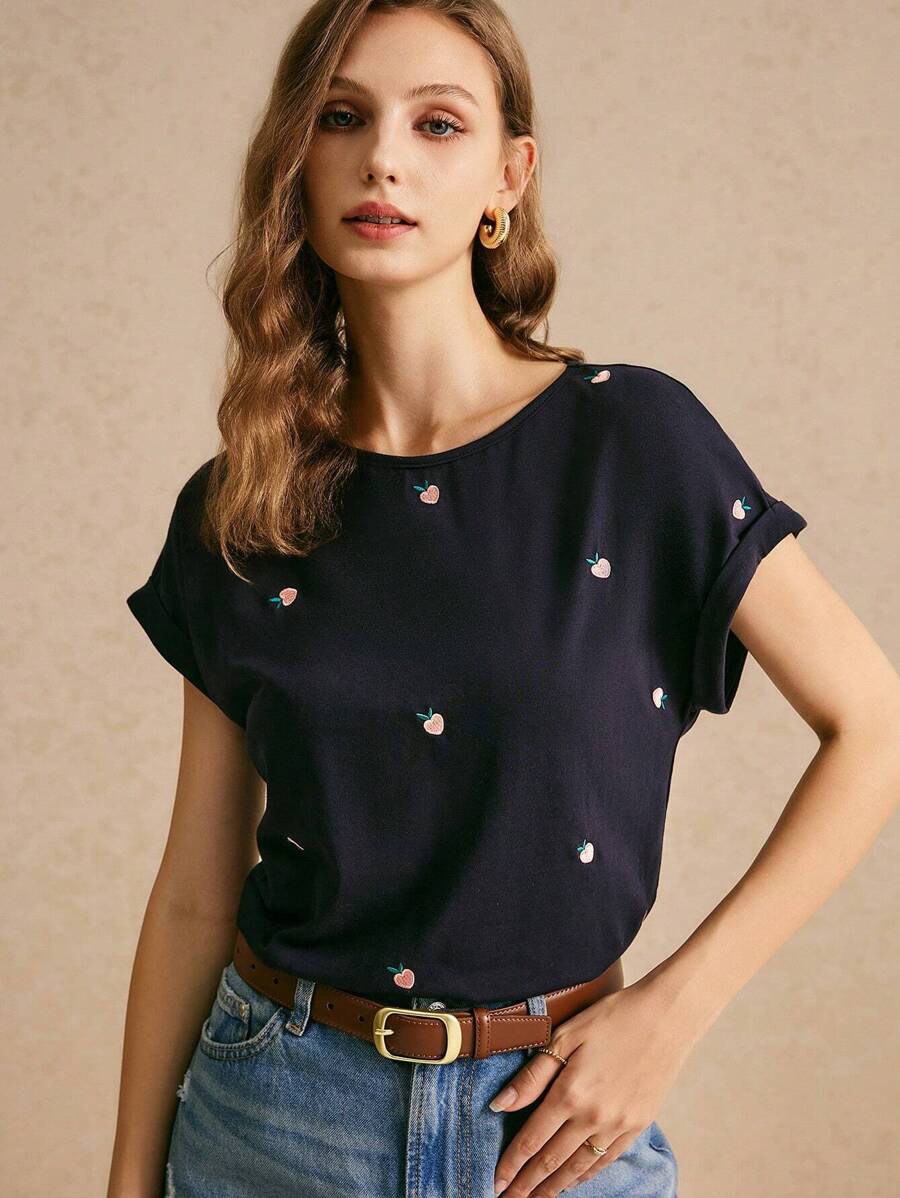 Poéselle Summer Navy Blue Cotton Casual Embroidered Cotton T-Shirt, Loose Version Wear Comfortable And Breathable, Small Lemon Embroidered T-Shirt, Suitable For Daily Commuting Holiday Home Wear