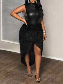 Slaydiva 大码两件套：无袖高领性感橙色PU连体裤+开衩橙色毛绒半身裙，秋冬款 - 黑色 - 查看 6