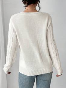 SHEIN LUNE Pull femme à col rond, épaules tombantes, manches longues, avec application florale. Automne et hiver, tricot pull - Blanc - Voir 2