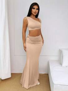 VaVaBold 女士服装 Sumeer Clean Fits 纯色不对称领口短款上衣和美人鱼下摆短裙灰色设计感 2 件套 - 卡其色 - 查看 6