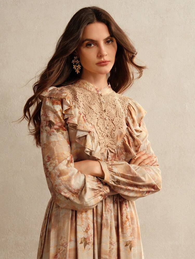 Women's Autumn Floral Print Lace Ruffle Hem Elegant Blouse