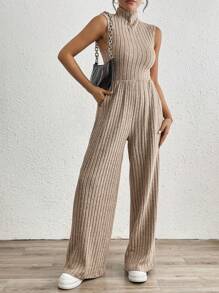 Rafferiza Women's Thick Turtleneck Sleeveless Fluffy Wide Leg Jumpsuit, For Autumn And Winter - Khaki - View 3